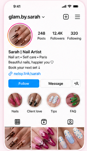 Instagram profile with Nelsy booking link in bio